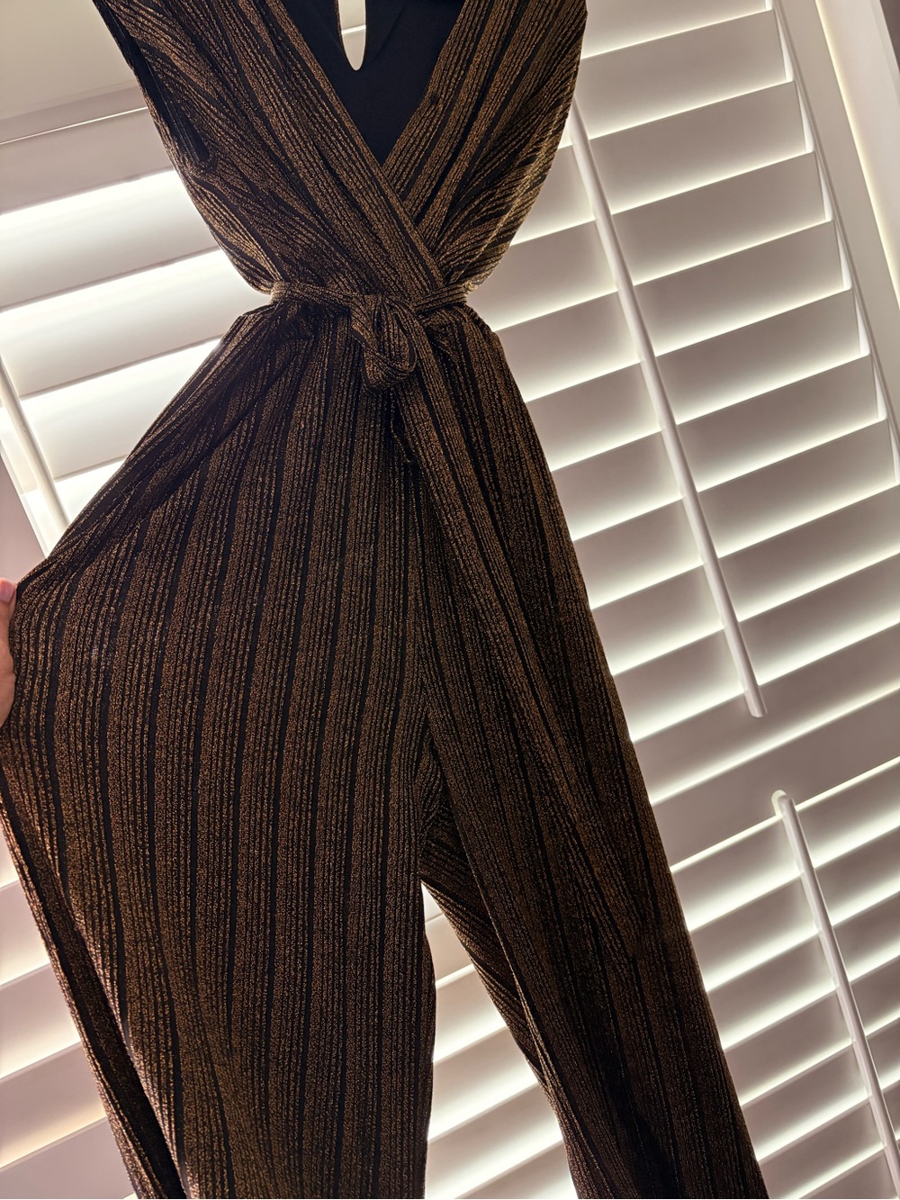 Metallic Black and Gold Striped Wrap Jumpsuit